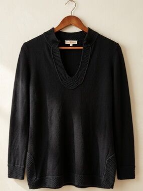 Tory Burch 100% Cashmere Black Split V Neck Tunic Sweater Textured Trim Top L